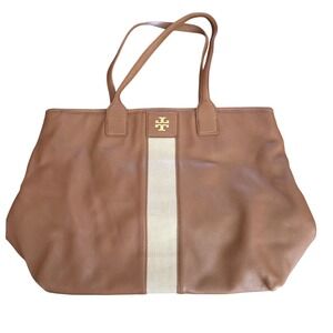 Rare TORY BURCH  Brown‎ Beige Leather Extra Large Shopper Tote purse handbag